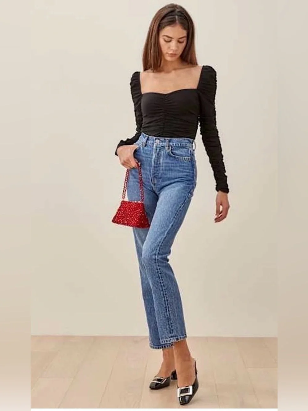 Reformation Esra Knit Top Black Sweetheart Neckline , Small